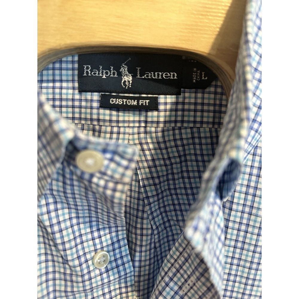 Ralph Lauren Mens Blue Plaid Custom Fit Long Sleeve Button‎ Down Shirt LARGE - Picture 3 of 3